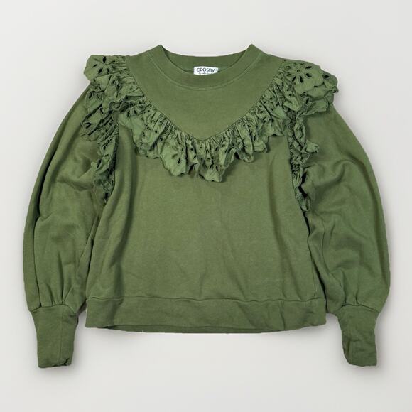 Crosby By Mollie Burch Ollie Sweater Size XS Green French Terry Eyelet Ruffle - Picture 1 of 7